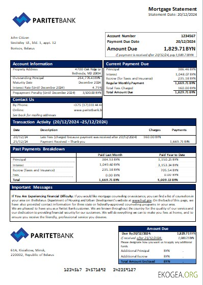 Biélorussie Relevé hypothécaire de la banque Paritet scr